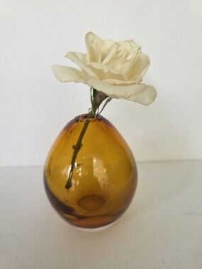Murano Amber Glass Bud Vase with Cream Brown Accent
